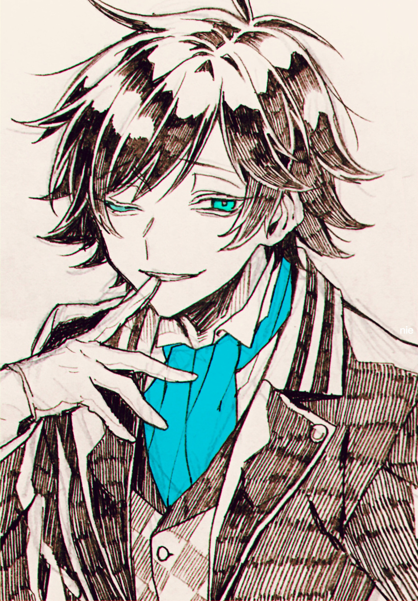 1boy, absurdres, aqua_eyes, biting, black_jacket, blue_neckerchief, formal, glove_biting