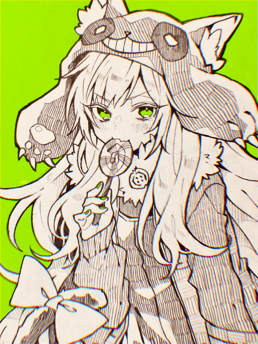 1girl, absurdres, animal_ears, animal_hat, blush, bow, candy, closed_mouth