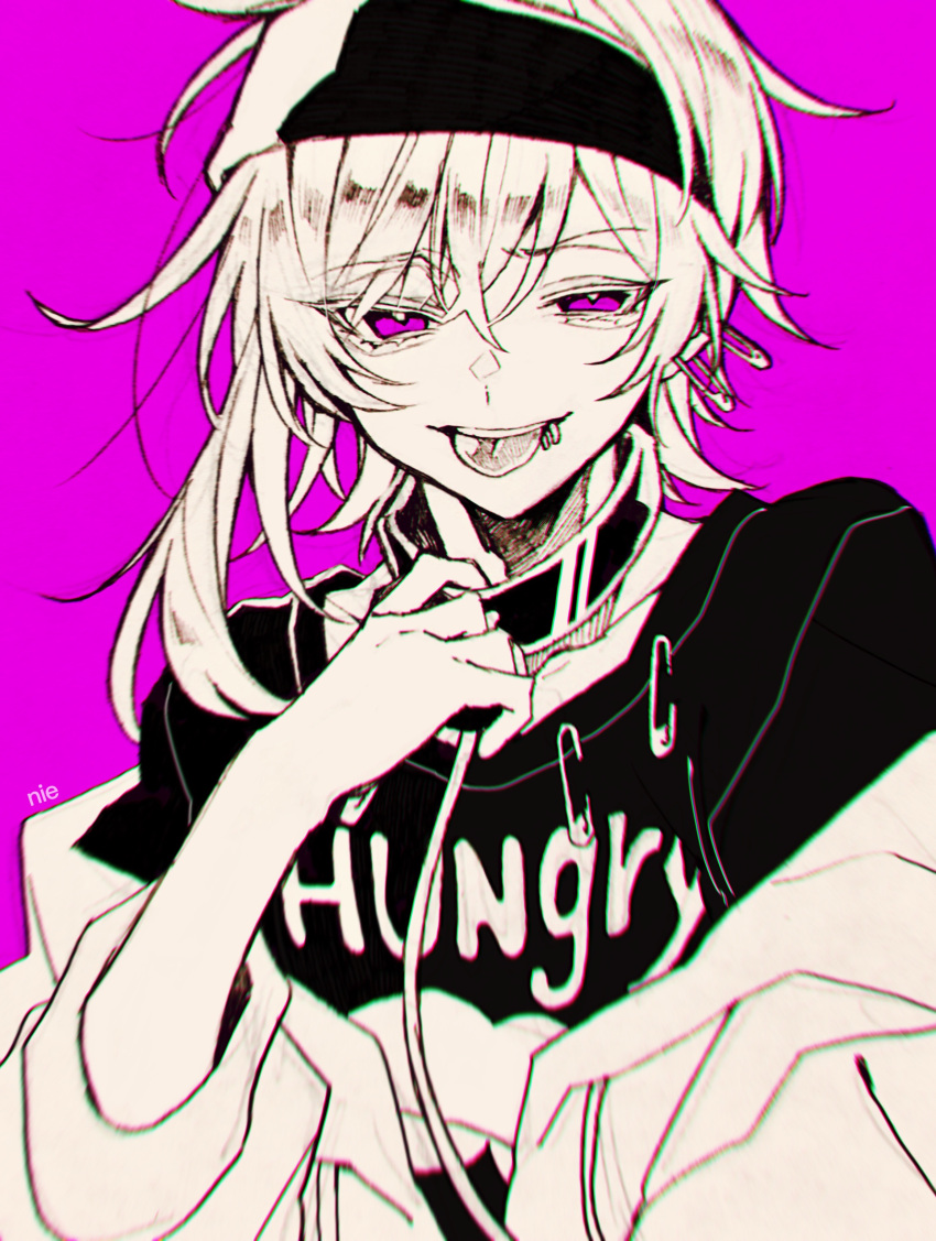 1boy, absurdres, black_collar, collar, earrings, greyscale_with_colored_background, headband, highres