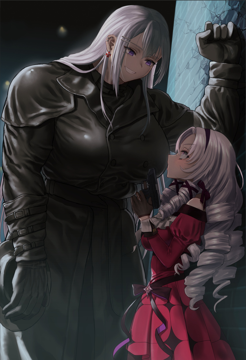 2girls, absurdres, black_coat, black_gloves, black_pants, black_shirt, bowler_hat, breasts