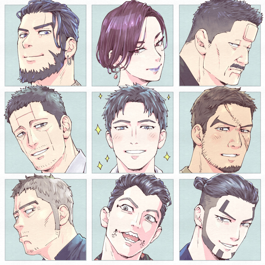 1girl, 6+boys, aged_down, alternate_hairstyle, beard, black_eyes, black_hair, blue_eyes