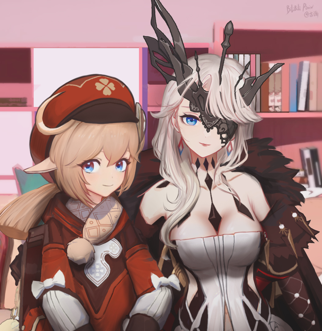 2girls, a-soul, ahoge, alternate_costume, backpack, bag, bare_shoulders, blue_eyes
