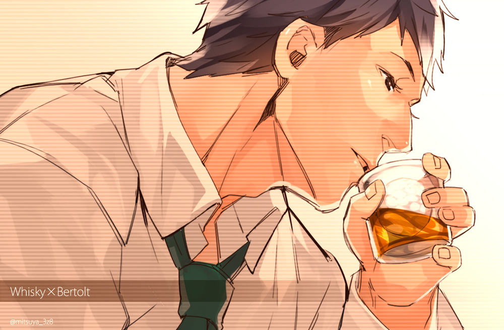 1boy, alcohol, bertolt_hoover, black_hair, collared_shirt, cup, drinking_glass, green_necktie