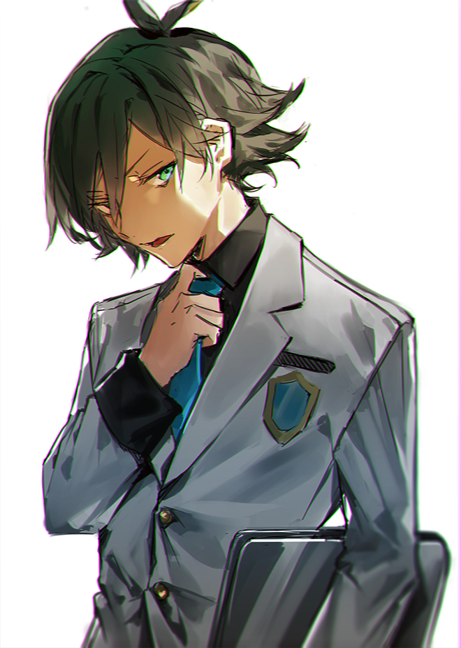 1boy, adjusting_clothes, adjusting_necktie, aqua_eyes, black_hair, black_shirt, blazer, blue_necktie
