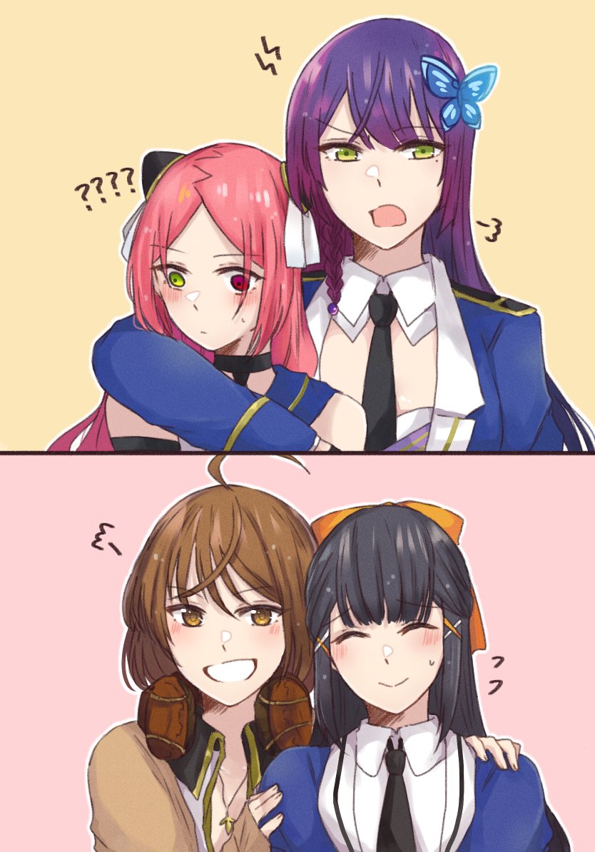 4girls, :d, =3, ?, ??, ^_^, ahoge, arm_around_shoulder