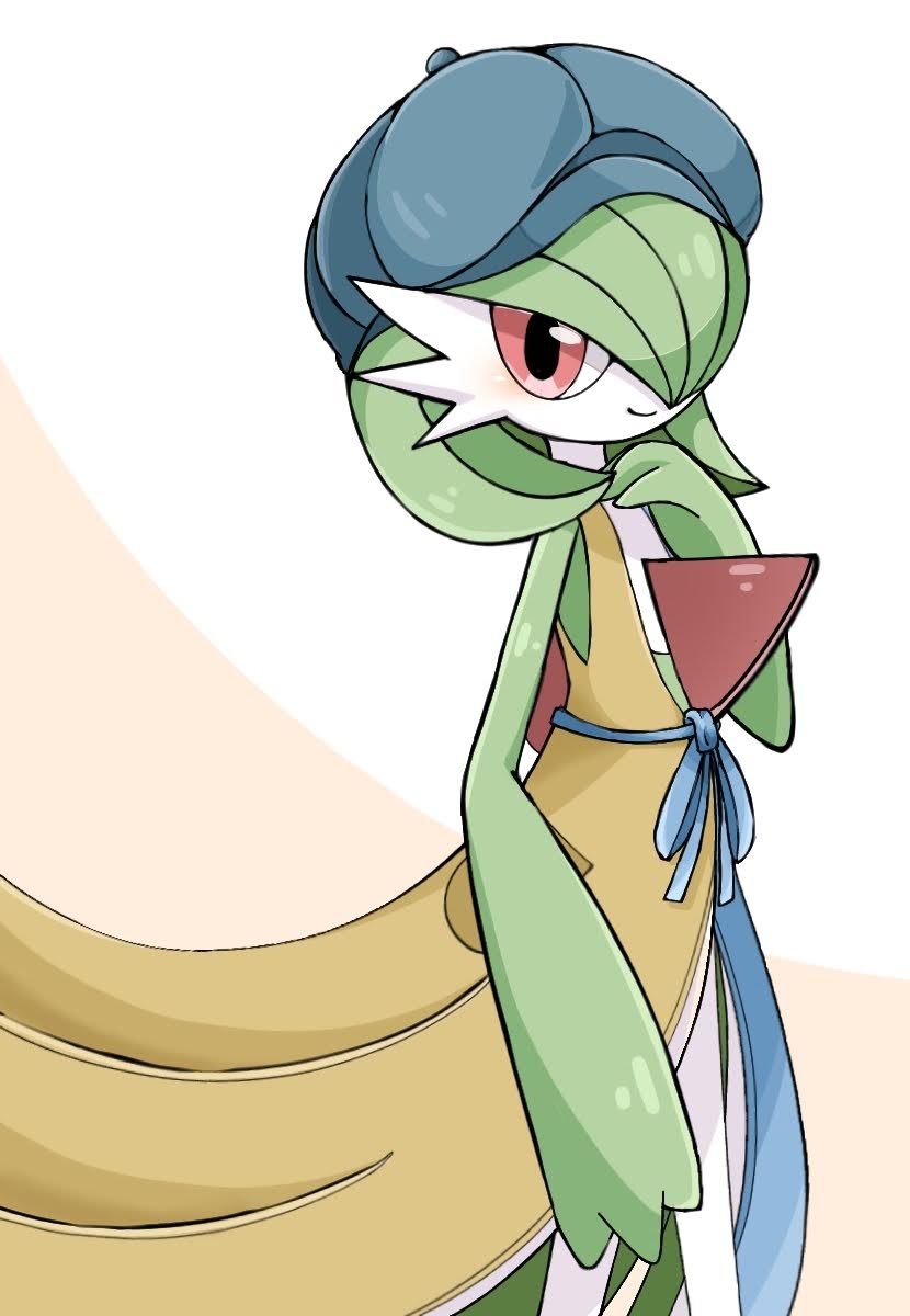 1girl, arm_at_side, blue_dress, blue_headwear, blush, bob_cut, cabbie_hat, closed_mouth, clothed_pokemon, commentary, dress, gardevoir, gardevoir_(cafe), green_hair, hair_over_one_eye, hand_up, happy, hat, highres, jpeg_artifacts, looking_at_viewer, one_eye_covered, pokemon, pokemon_(creature), pokemon_(game), pokemon_unite, red_eyes, short_hair, simple_background, sleeveless, sleeveless_dress, smile, solo, standing, suzu_(pixiv_32232702), two-tone_background, two-tone_dress, white_background, yellow_dress
