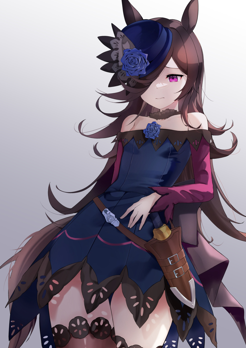 1girl, absurdres, animal_ears, bare_shoulders, black_thighhighs, blue_flower, blue_headwear, blue_rose