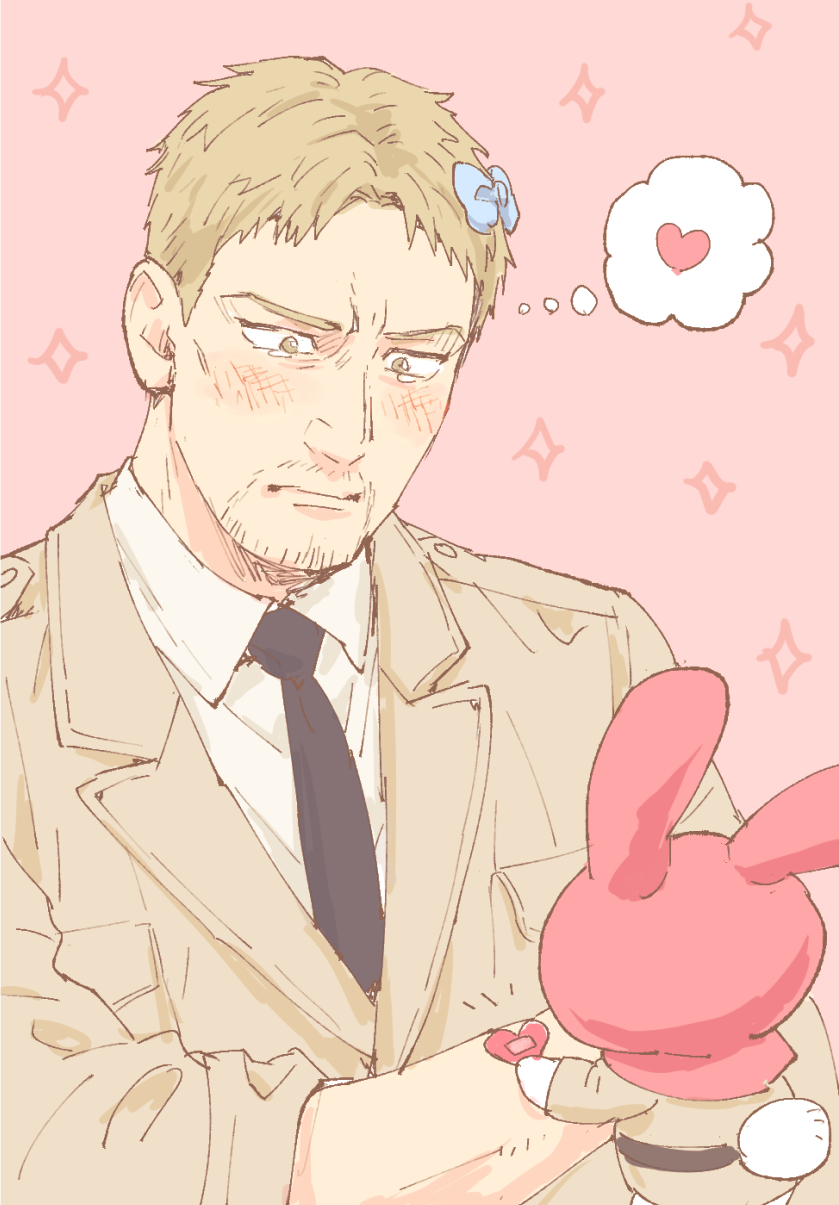 1boy, black_necktie, blonde_hair, blush, c69, character_request, crossover, facial_hair