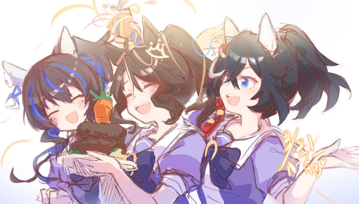 3girls, animal_ears, birthday, black_hair, blue_eyes, blush, bow, bowtie, brown_hair, carrot, closed_eyes, daitaku_helios_(umamusume), dated, ear_covers, hair_between_eyes, hamburger_steak, holding, holding_plate, holding_tray, horse_ears, katsuragi_ace_(umamusume), mejiro_palmer_(umamusume), multicolored_hair, multiple_girls, open_mouth, party_popper, plate, purple_shirt, sailor_collar, school_uniform, shirt, short_sleeves, smile, sonosonosieg, streaked_hair, tracen_school_uniform, tray, umamusume, upper_body
