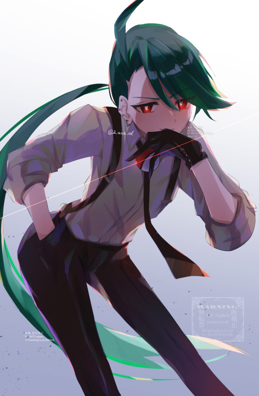 1girl, ahoge, black_gloves, black_necktie, black_pants, bright_pupils, collared_shirt, commentary_request