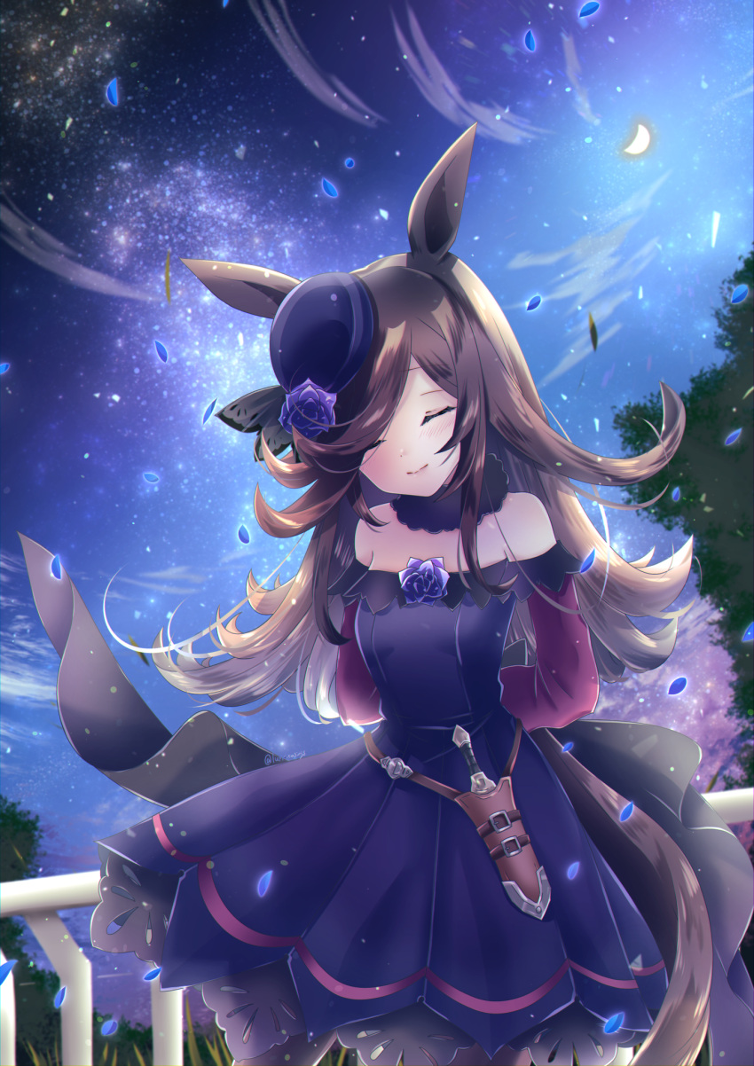 1girl, animal_ears, bare_shoulders, black_thighhighs, blue_flower, blue_headwear, blue_rose, blush