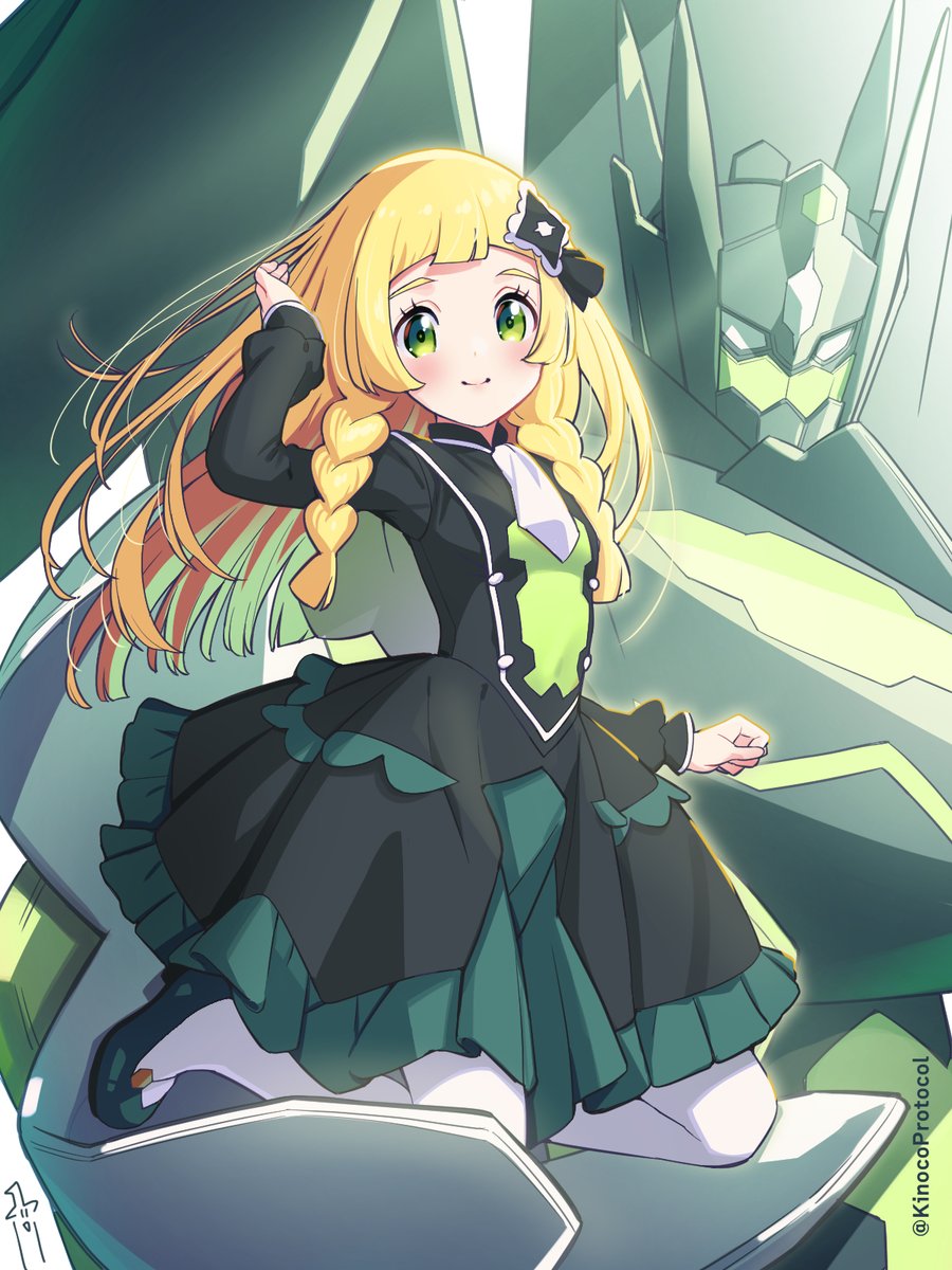 1girl, ascot, black_dress, blonde_hair, blunt_bangs, blush, braid, buttons, closed_mouth, commentary_request, cosplay, dress, eyelashes, green_eyes, hair_ribbon, hand_up, highres, kinocopro, lillie_(pokemon), long_hair, long_sleeves, looking_at_viewer, pantyhose, pokemon, pokemon_(creature), pokemon_(game), pokemon_masters_ex, pokemon_sm, ribbon, serena_(pokemon), serena_(pokemon)_(cosplay), serena_(sygna_suit)_(pokemon), shoes, smile, twin_braids, twitter_username, watermark, white_ascot, white_pantyhose, zygarde, zygarde_(complete)