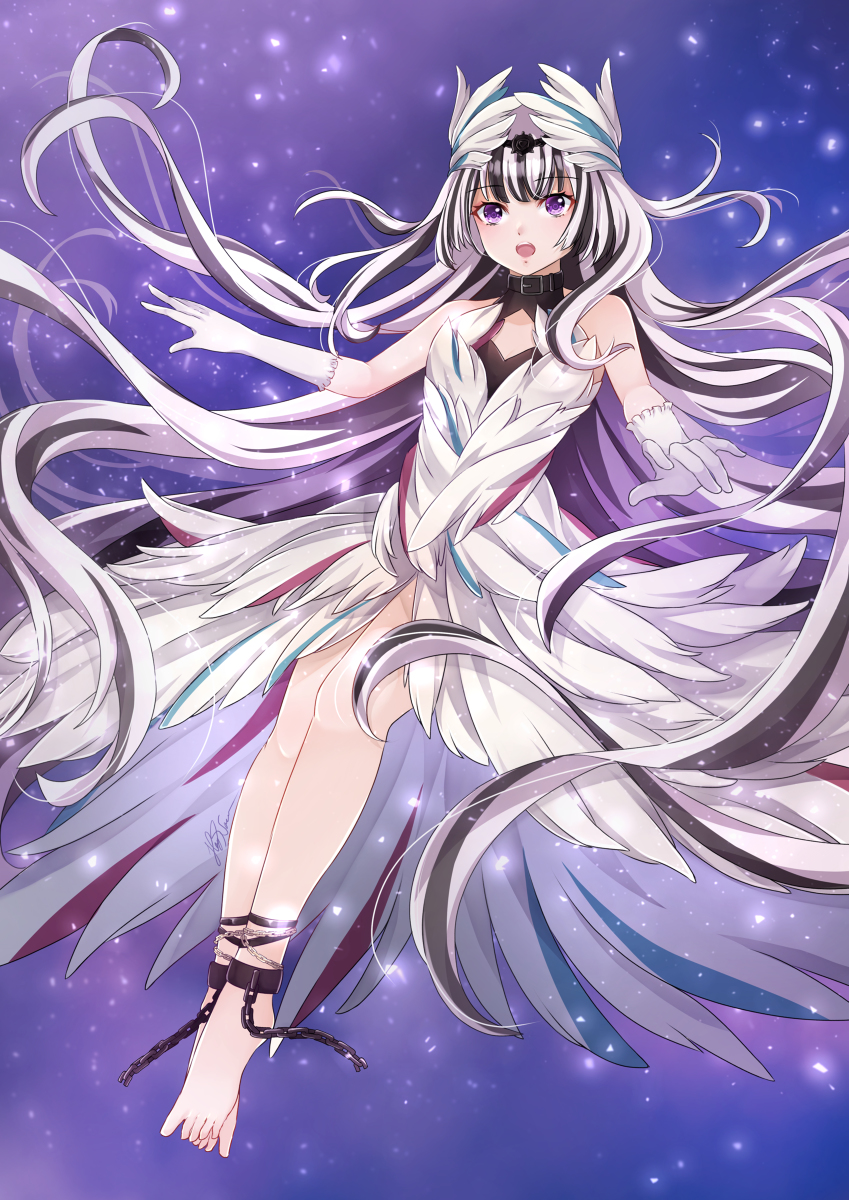 1girl, black_hair, chain, collar, feather_hair_ornament, feathered_wings, feathers, feet