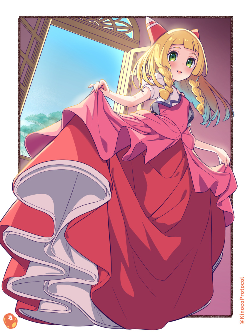 1girl, blonde_hair, blunt_bangs, blush, border, braid, clothes_lift, commentary_request