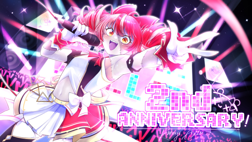 1girl, :d, absurdres, armpits, bow, clothing_cutout, colored_skin, concert