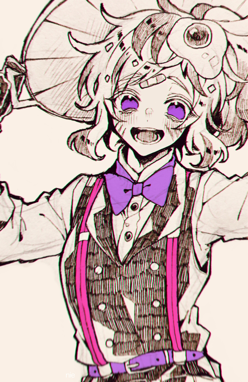 1girl, absurdres, bandaid, bandaid_on_face, belt, black_vest, collared_shirt, egg_hair_ornament, facial_mark, food-themed_hair_ornament, hair_ornament, highres, jam_(toraware_no_yakata), looking_at_viewer, multicolored_hair, nie3nie3, open_mouth, ponytail, purple_belt, purple_ribbon, ribbon, shirt, smile, solo, suspenders, toraware_no_yakata, vest, violet_eyes, white_shirt