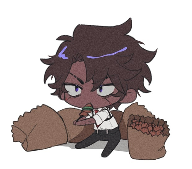 1boy, bag, belt, black_belt, black_pants, brown_hair, chibi, commentary_request