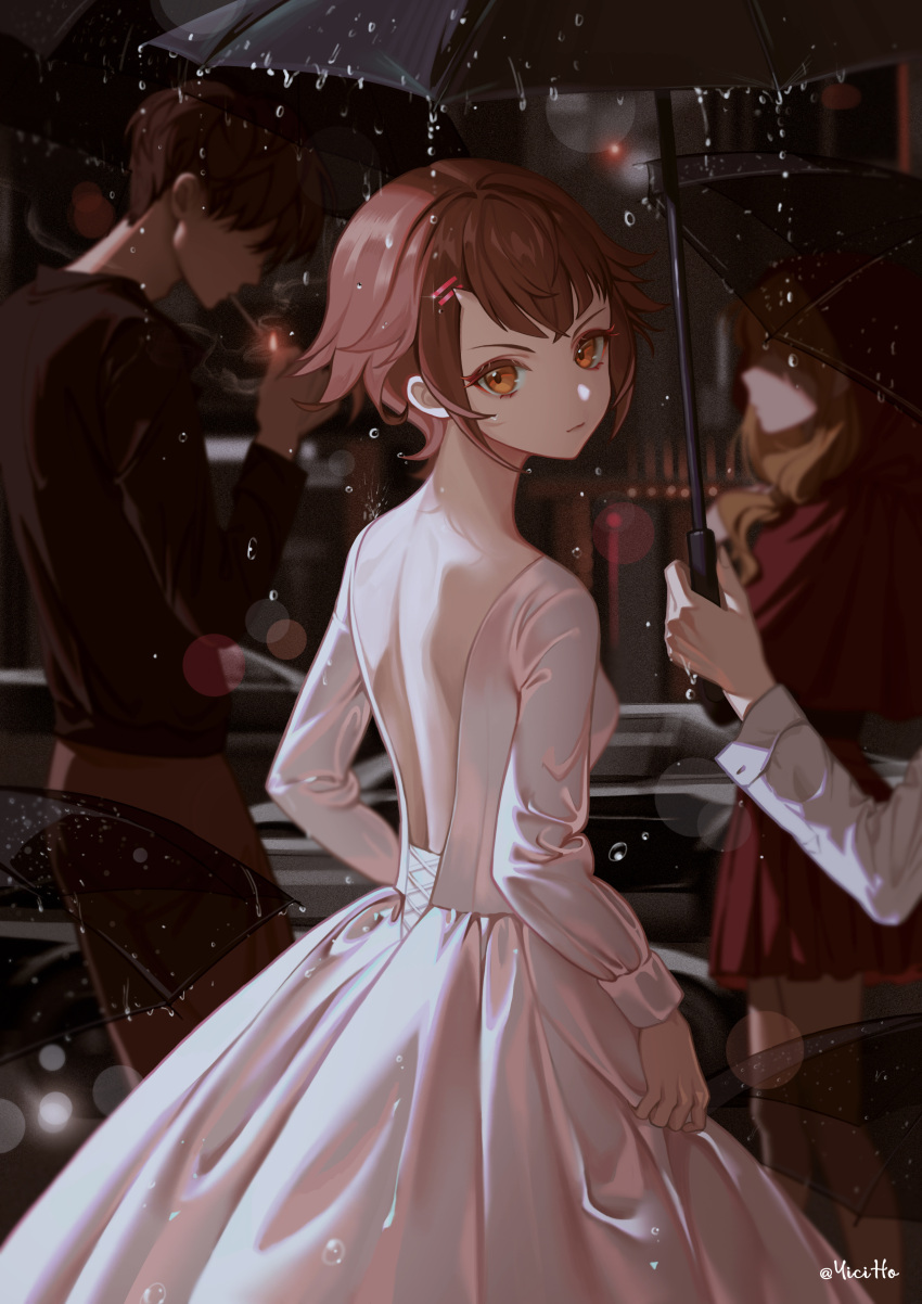 1boy, 2girls, absurdres, androssi_zahard, back, backless_dress, backless_outfit, bare_back, black_shirt, blonde_hair, blurry, blurry_background, brown_eyes, brown_hair, brown_pants, crossed_bangs, dress, film_grain, hair_ornament, hairpin, highres, horns, lighter, looking_back, multiple_girls, pants, rain, red_dress, red_shirt, rolling-ruffles, shirt, short_hair, single_horn, smoke, smoking, tower_of_god, twitter_username, umbrella, white_dress