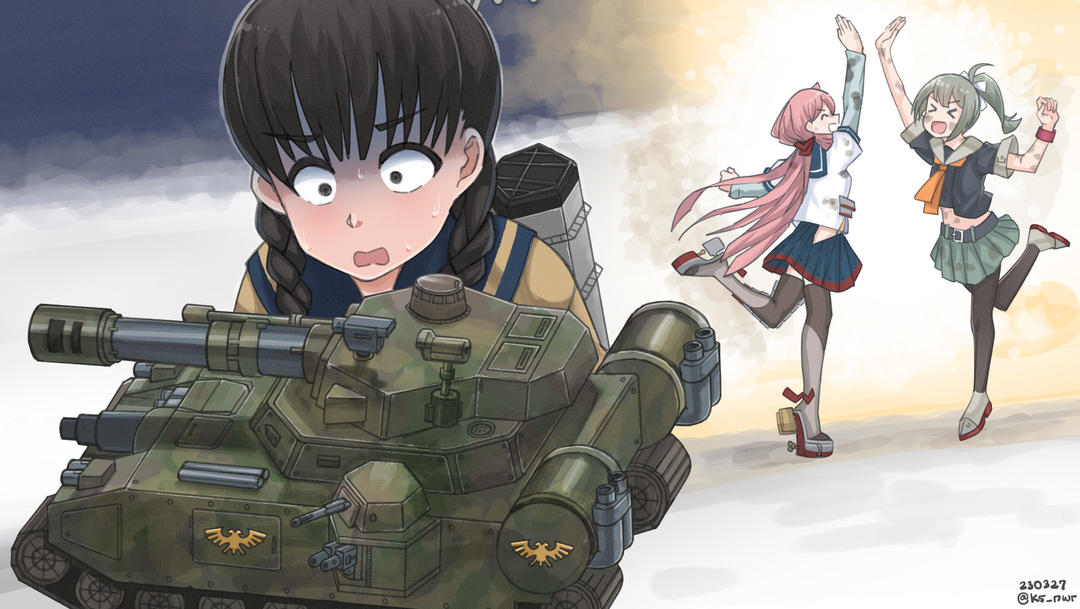 >_<, 2girls, akashi_(kancolle), astra_militarum, baneblade, black_hair, black_pantyhose, black_shirt, blue_sailor_collar, blue_skirt, blunt_tresses, braid, brown_shirt, closed_eyes, dated, grey_eyes, grey_hair, grey_sailor_collar, grey_skirt, high_five, hip_vent, kantai_collection, landing_ship_no._101_(kancolle), long_hair, long_sleeves, low_twintails, machinery, military, military_vehicle, motor_vehicle, multiple_girls, navel, neckerchief, nwr, orange_neckerchief, pantyhose, pink_hair, pleated_skirt, ponytail, sailor_collar, school_uniform, serafuku, shaded_face, shirt, skirt, tank, thigh-highs, twin_braids, twintails, twitter_username, warhammer_40k, yuubari_(kancolle), yuubari_kai_ni_(kancolle)