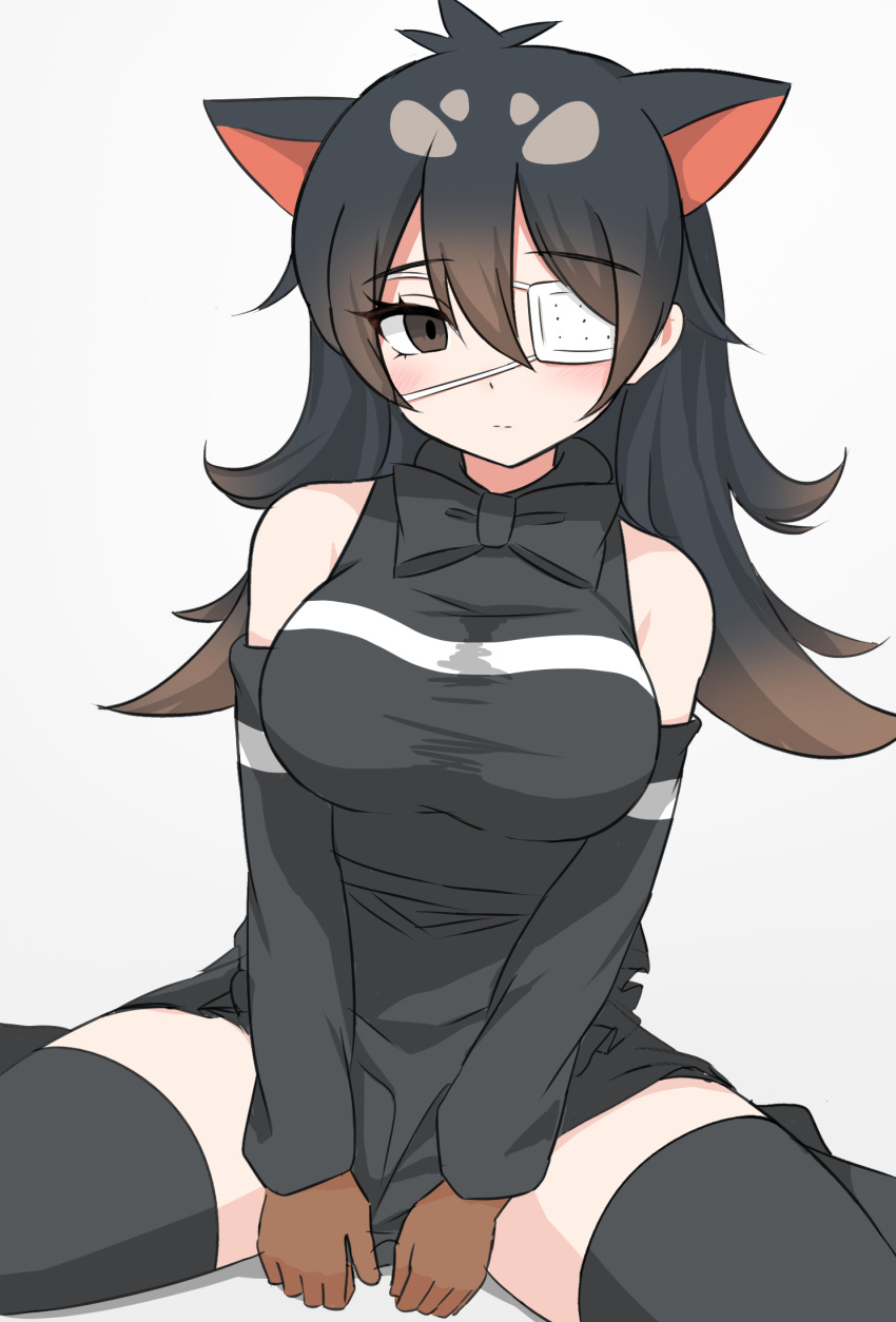 1girl, ahoge, animal_ears, australian_devil_(kemono_friends), bare_shoulders, black_hair, black_thighhighs, blush