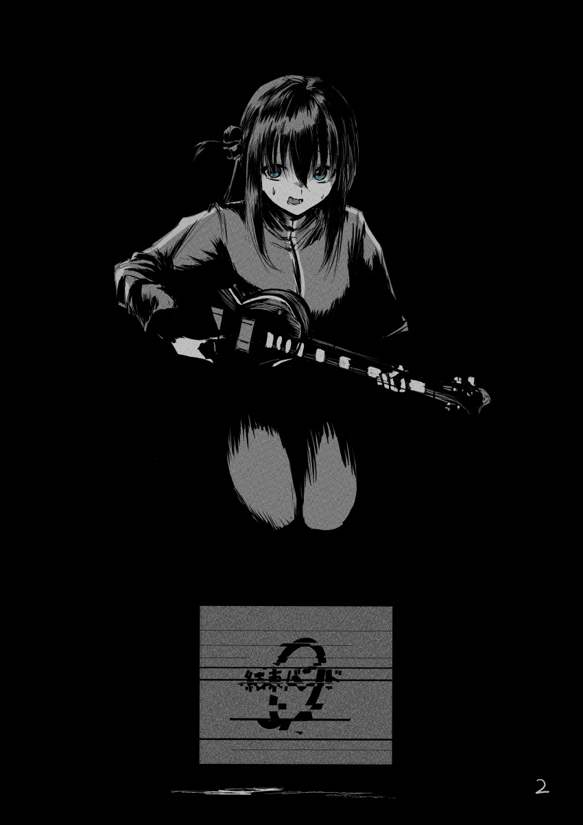 1girl, absurdres, blue_eyes, bocchi_the_rock!, cube_hair_ornament, derivative_work, electric_guitar, film_grain