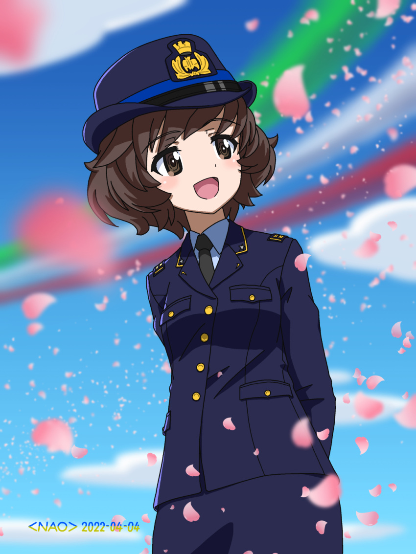 1girl, akiyama_yukari, arms_behind_back, artist_name, azzurra_(aeronautica_militare_italiana), azzurra_(aeronautica_militare_italiana)_(cosplay), black_necktie, blue_headwear, blue_jacket, blue_shirt, blue_skirt, blue_sky, blurry, blurry_background, brown_eyes, brown_hair, cherry_blossoms, clouds, cloudy_sky, commentary, contrail, cosplay, cowboy_shot, dated, day, dress_shirt, female_service_cap, girls_und_panzer, hat, highres, insignia, italian_air_force, jacket, long_sleeves, looking_to_the_side, messy_hair, military, military_hat, military_uniform, naotosi, necktie, open_mouth, original, outdoors, pencil_skirt, petals, shirt, short_hair, skirt, sky, smile, solo, standing, uniform, wind, wing_collar