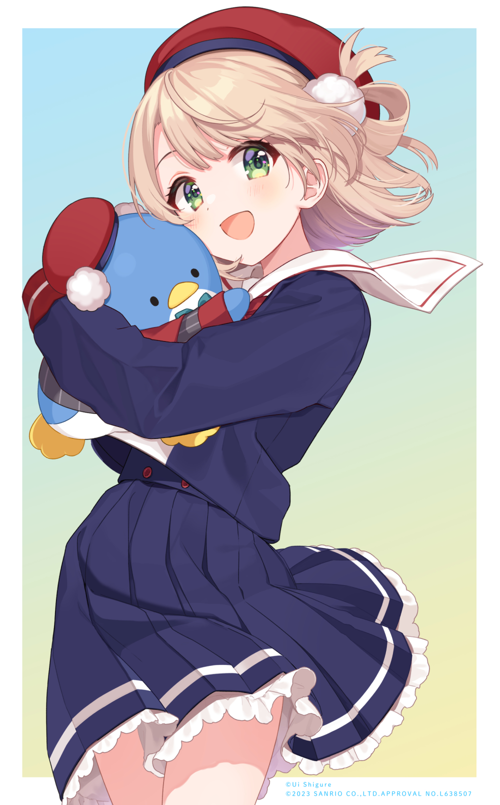 1girl, :d, artist_self-insert, beret, blonde_hair, blue_background, blue_shirt, blue_skirt