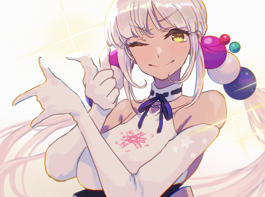 1girl, blue_ribbon, breasts, closed_mouth, commentary, dark-skinned_female, dark_skin, detached_collar, elbow_gloves, english_commentary, futomoy, gloves, highres, hololive, hololive_english, long_hair, looking_at_viewer, medium_breasts, mixed-language_commentary, neck_ribbon, one_eye_closed, planet_hair_ornament, ribbon, shirt, smile, solo, sparkle, tsuki_ni_kawatte_oshioki_yo, tsukumo_sana, twintails, upper_body, virtual_youtuber, white_gloves, white_hair, white_shirt, yellow_eyes