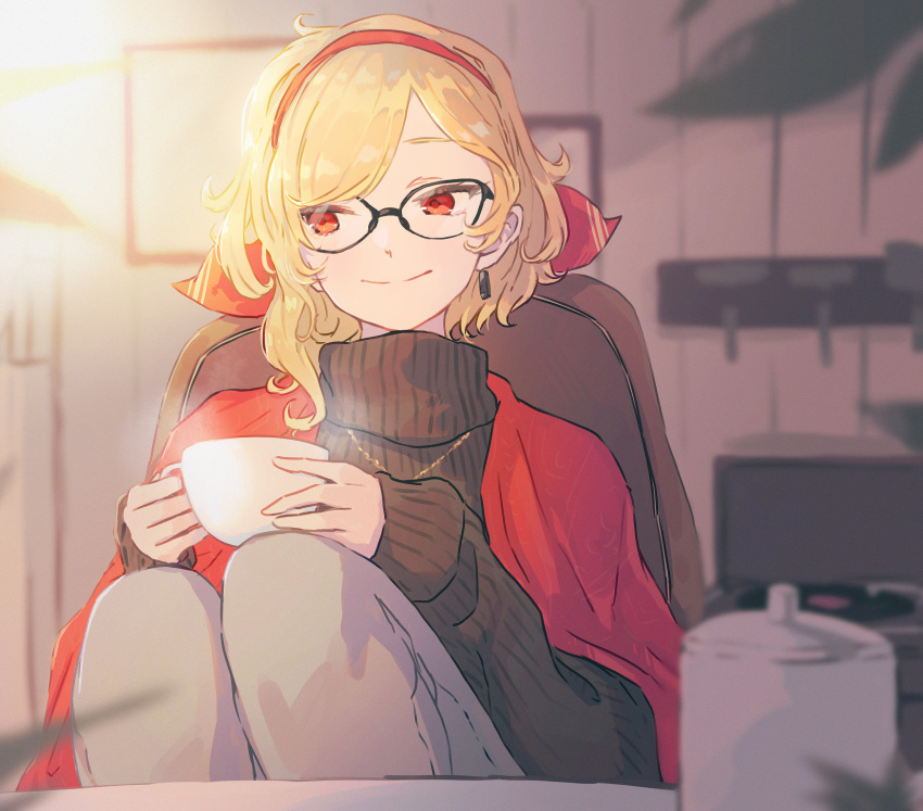 1girl, alternate_costume, asymmetrical_hair, black-framed_eyewear, black_sweater, casual, chair, closed_mouth, commentary, cup, earrings, english_commentary, feet_out_of_frame, futomoy, glasses, grey_pants, hair_ribbon, hairband, highres, holding, holding_cup, hololive, hololive_indonesia, indoors, jewelry, kaela_kovalskia, knees_to_chest, looking_to_the_side, medium_hair, mixed-language_commentary, pants, parted_bangs, red_eyes, red_hairband, red_ribbon, red_shawl, ribbed_sweater, ribbon, shawl, sitting, smile, solo, steam, sunlight, sweater, turtleneck, turtleneck_sweater, virtual_youtuber