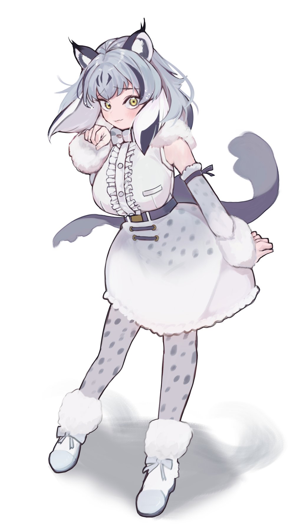 1girl, :3, a888_n22, animal_print, back_bow, bare_shoulders, blush, boots