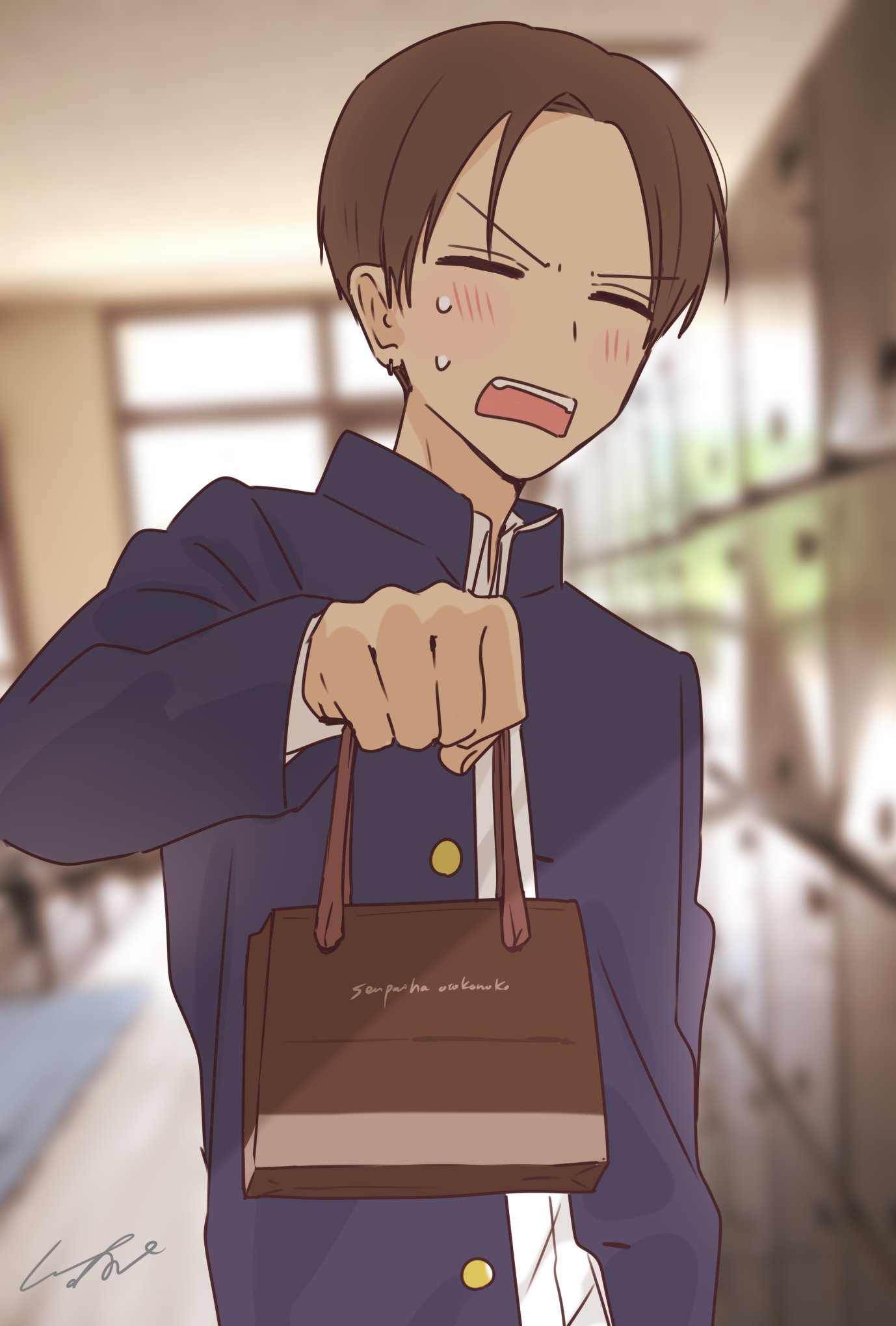 1boy, brown_hair, closed_eyes, highres, looking_at_viewer, male_focus, open_mouth, pomu