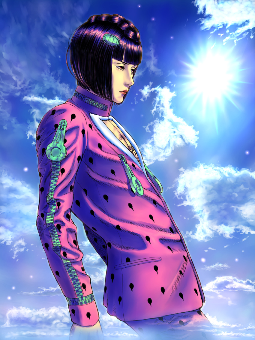 1boy, alternate_color, black_hair, blue_sky, bob_cut, bruno_bucciarati, cleavage_cutout, clothing_cutout