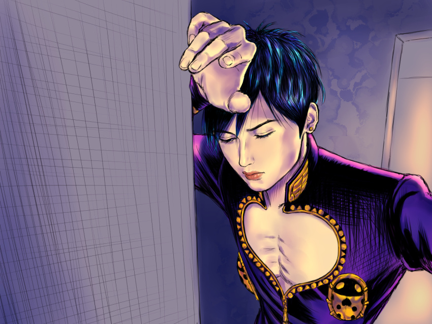 1boy, against_wall, black_hair, bowl_cut, closed_eyes, giorno_giovanna, haruno_shiobana, highres