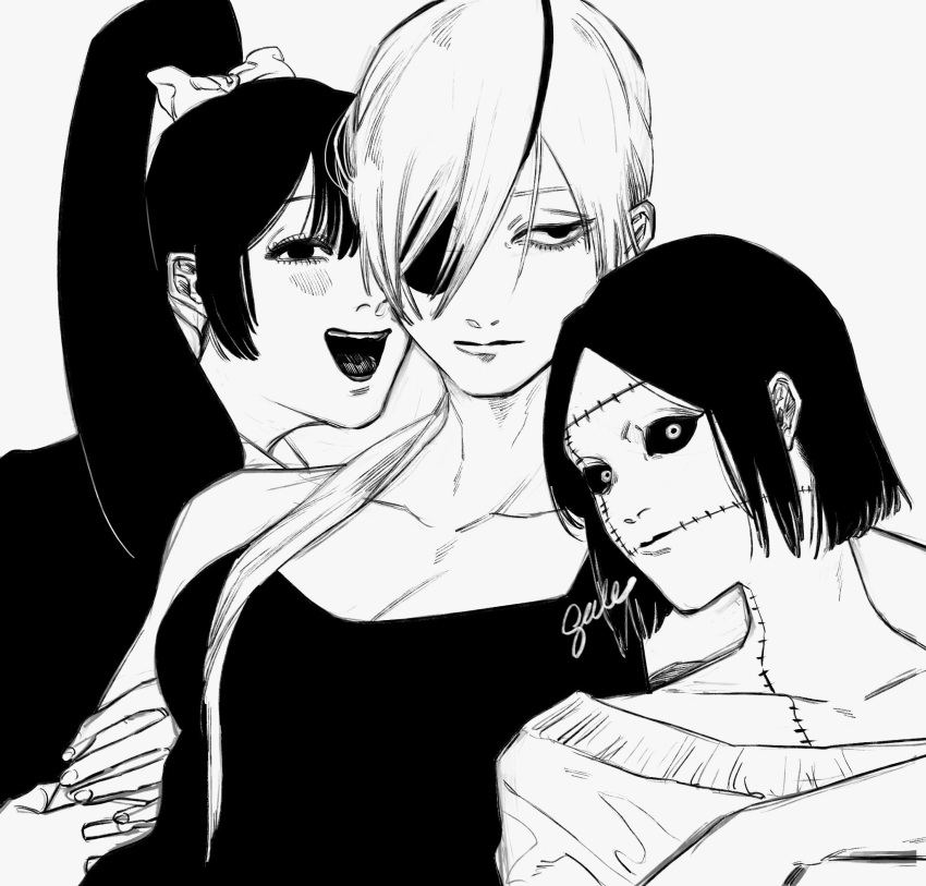 3girls, arm_hug, artist_name, black_hair, black_sclera, black_tank_top, bow, chainsaw_man, colored_sclera, eyepatch, greyscale, gxlx_2ji, hair_bow, hair_over_shoulder, high_ponytail, highres, long_hair, looking_at_viewer, looking_down, monochrome, multiple_girls, open_mouth, pingtsi_(chainsaw_man), ponytail, quanxi_(chainsaw_man), short_hair, simple_background, smile, stitched_eye, stitched_face, stitched_mouth, stitches, tank_top, tsugihagi_(chainsaw_man), white_background, white_hair