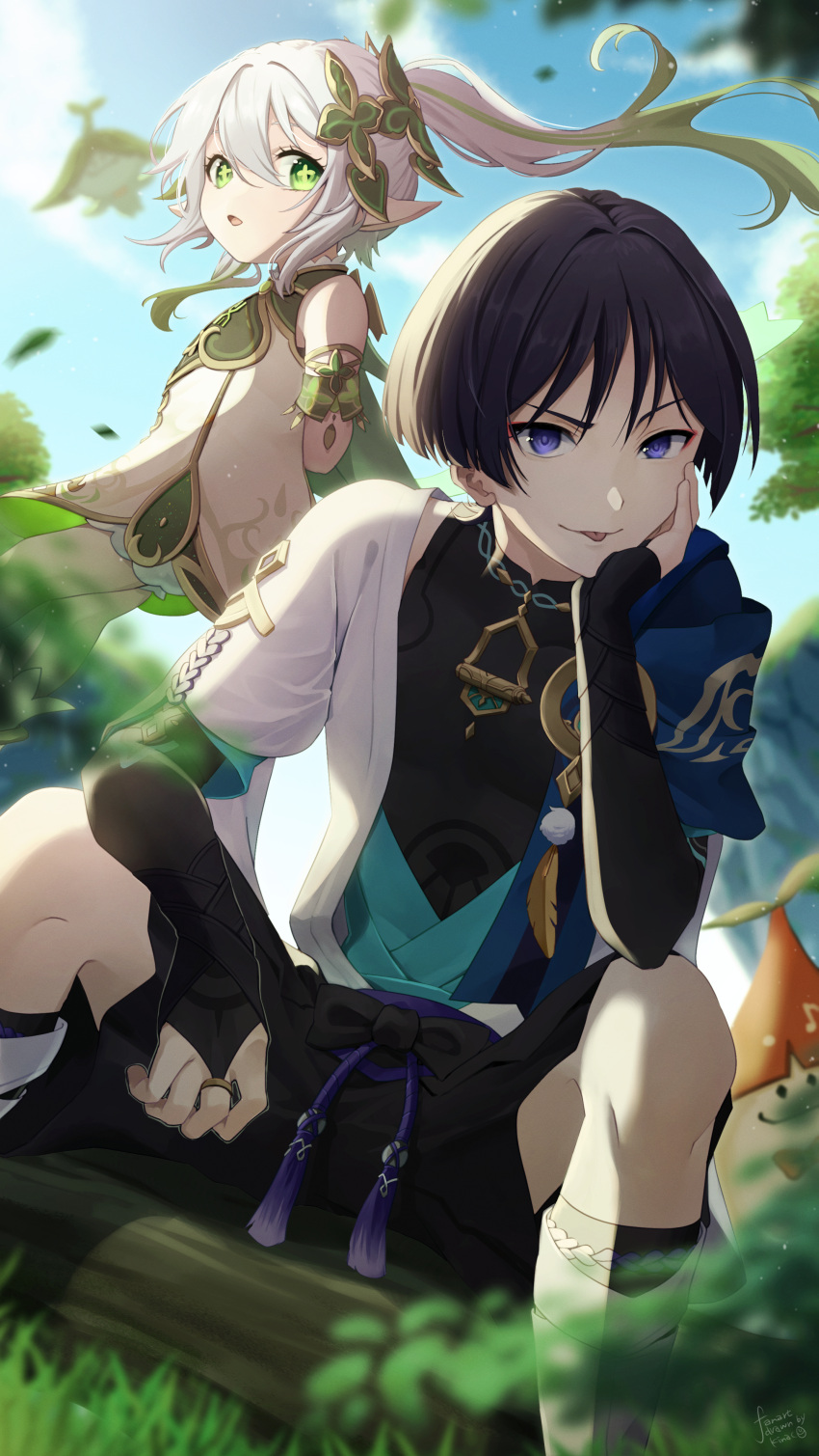 1boy, 1girl, absurdres, aranara_(genshin_impact), armor, arms_behind_back, black_hair, bloomers