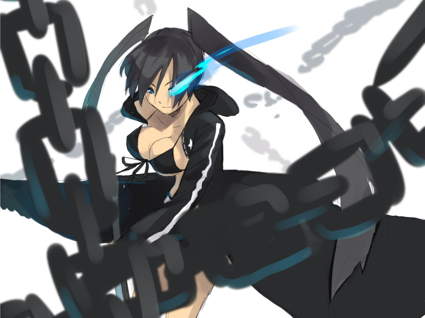 bikini_top, black_rock_shooter, black_rock_shooter_(character), blue_eyes, breasts, chain, chains, cleavage
