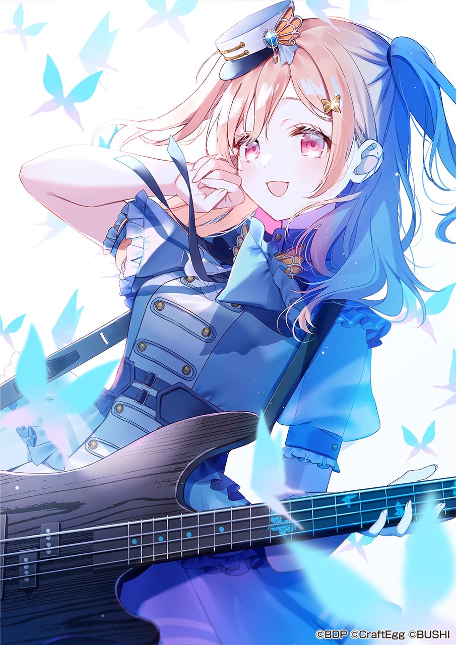 1girl, bang_dream!, bass_guitar, blonde_hair, blue_butterfly, bug, butterfly, dress