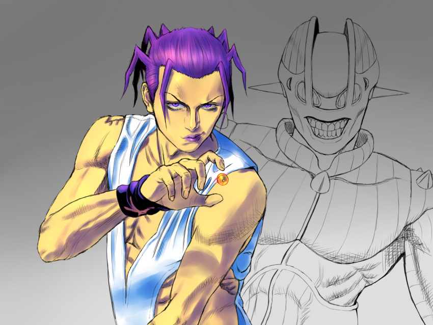 2boys, bullet, clenched_teeth, clothing_cutout, highres, jojo_no_kimyou_na_bouken, keiimajima02, kraftwerk_(stand)