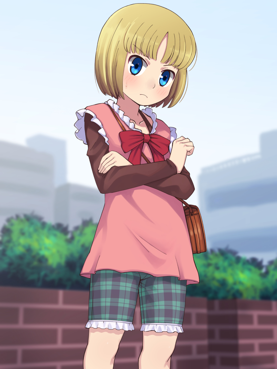 1girl, bag, binbou_shimai_monogatari, blonde_hair, blue_eyes, blurry, blurry_background, blush, bob_cut, bow, closed_mouth, collarbone, commentary_request, commission, cowboy_shot, crossed_arms, dress, dress_bow, echigoya_ginko, flat_chest, frilled_dress, frilled_shorts, frills, frown, green_shorts, highres, long_sleeves, looking_at_viewer, microdress, outdoors, parted_bangs, pink_dress, plaid, plaid_shorts, red_bow, short_hair, shorts, shoulder_bag, skeb_commission, sleeveless, sleeveless_dress, solo, standing, stupa13a, sweatdrop