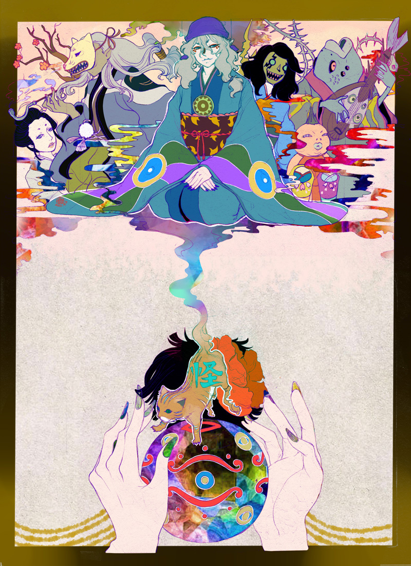 1boy, bandana, branch, cat, cherry_blossoms, facepaint, fingernails, foodpuppet, japanese_clothes, jewelry, kimono, kusuriuri_(mononoke), long_hair, makeup, male_focus, medallion, mononoke, multicolored_nails, nail_polish, noppera-bou_(mononoke), ochou, pointy_ears, purple_bandana, purple_nails, sharp_fingernails, smoke, sun_symbol