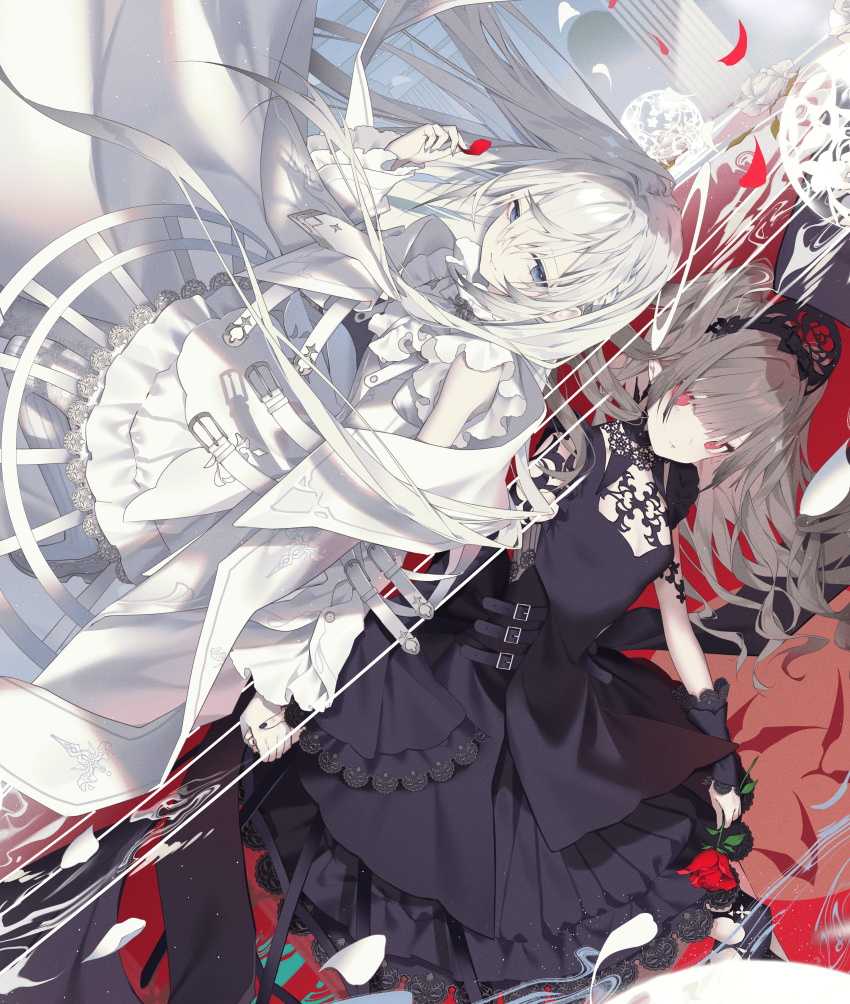 2girls, absurdres, belt, black_dress, black_nails, blue_eyes, blunt_bangs, brown_hair