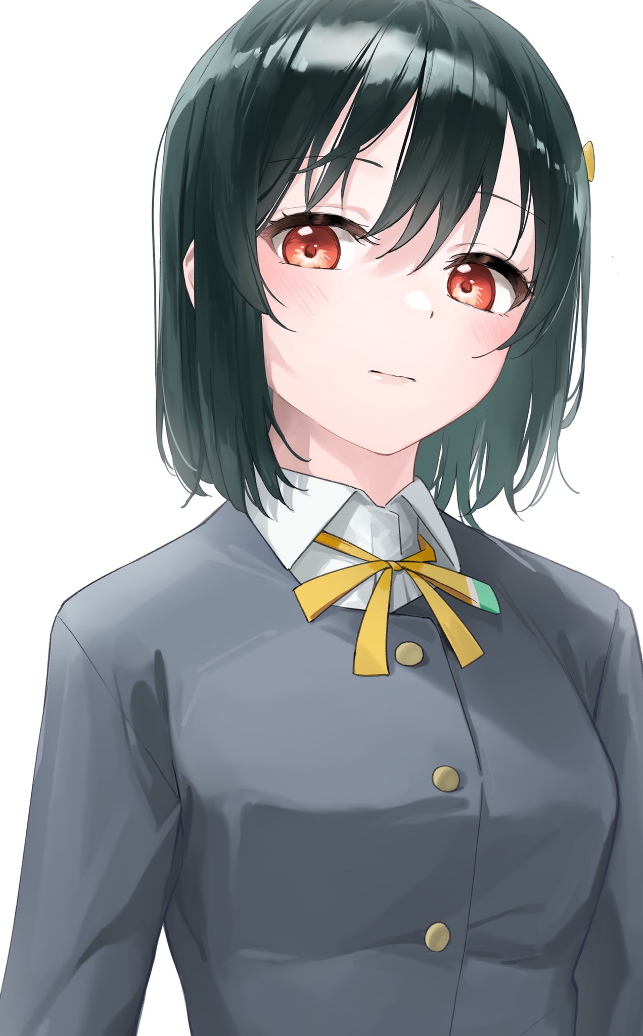 1girl, black_jacket, blush, breasts, buttons, closed_mouth, collared_shirt, dark_green_hair