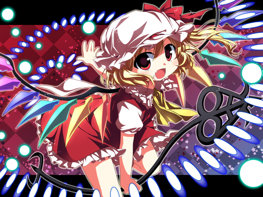 danmaku, flandre_scarlet, hat, highres, laevatein, nagayama_yuunon, ponytail, red_eyes