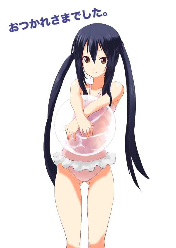 at-speakeasy, beachball, black_hair, blue_hair, brown_eyes, casual_one-piece_swimsuit, crossed_arms, frilled_swimsuit