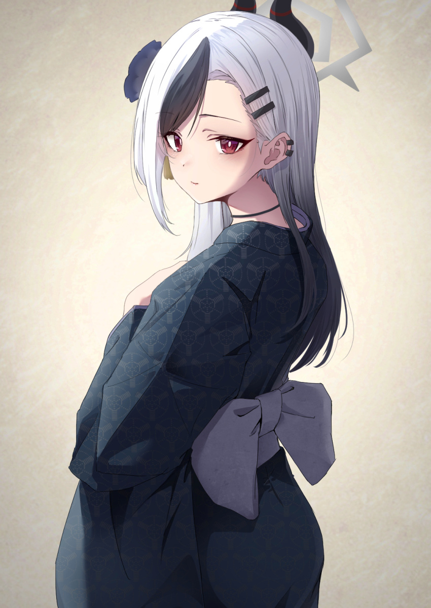 1girl, black_hair, blue_archive, commentary_request, demon_girl, demon_horns, from_behind, gradient_hair