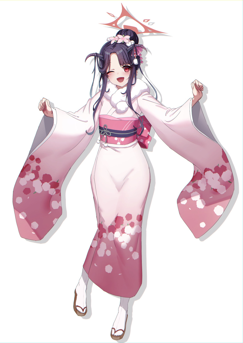 1girl, ;d, absurdres, black_hair, blue_archive, commentary_request, flower, full_body