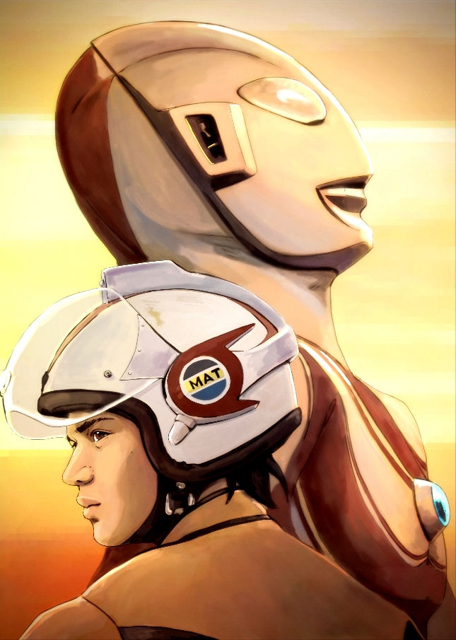 2boys, alien, black_hair, brown_eyes, color_timer, dan_jirou, from_behind, from_side