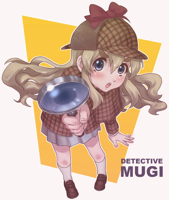 blue_eyes, cosplay, deerstalker, detective, foreshortening, hands, hat, k-on!, kotobuki_tsumugi, landolt_tamaki, long_hair, magnifying_glass, perspective, solo, water_waterfall