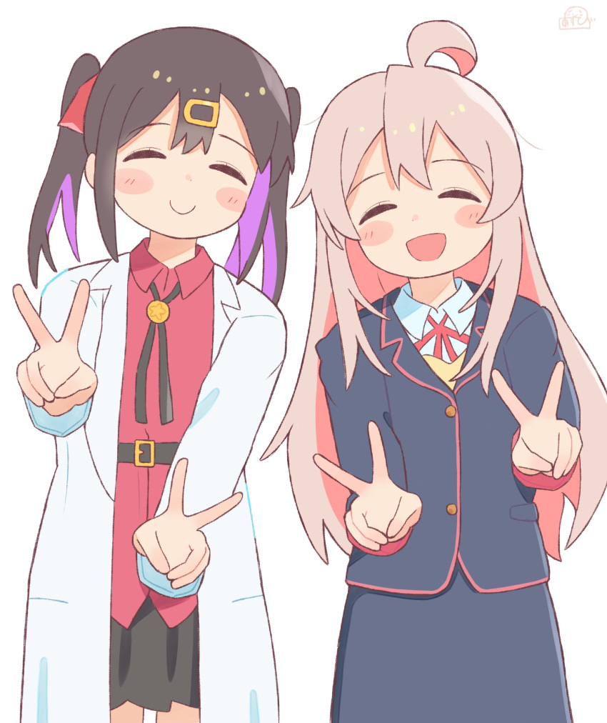 2girls, :d, ^_^, ahoge, black_hair, black_jacket, black_skirt, blush_stickers