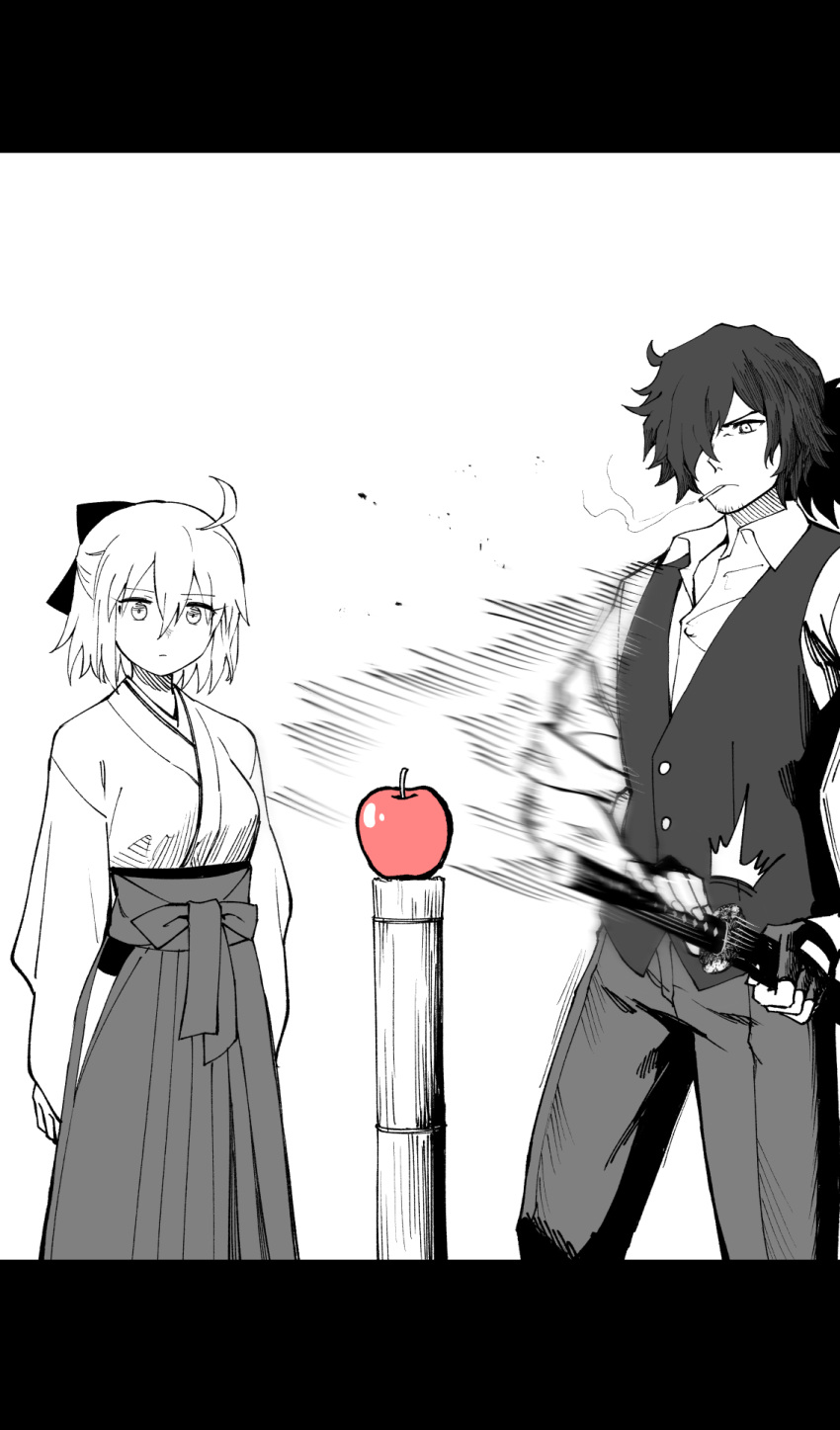 1boy, 1girl, ahoge, apple, bow, cigarette, closed_mouth, collared_shirt